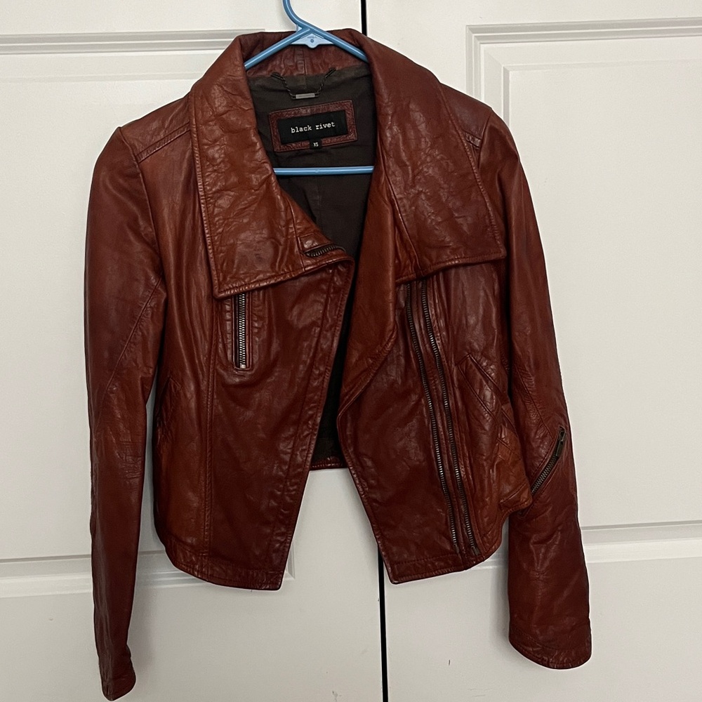 Black Rivet Women's Chestnut Brown Leather Moto Jacket